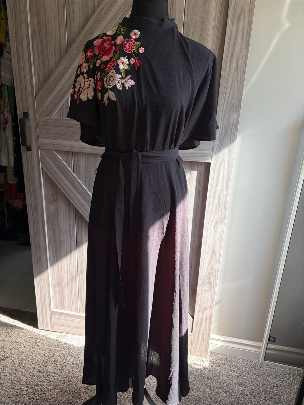 Black Maxi Dress with Pink & Red Floral Embroidery